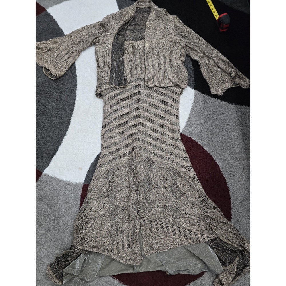 Damianou Womens 2-Piece Metallic Knit Dress & Cardigan Set Gold Black Size L - Picture 12 of 16